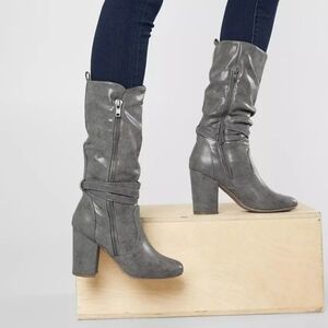 New Buckles get busy Vegan Leather Almond Toe Block Heel Gray Boots W75